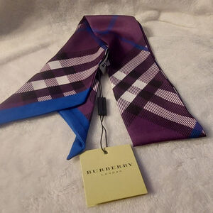 Burberry Purple and Blue Plaid Silk Scarf and Twillie 42x3 inches